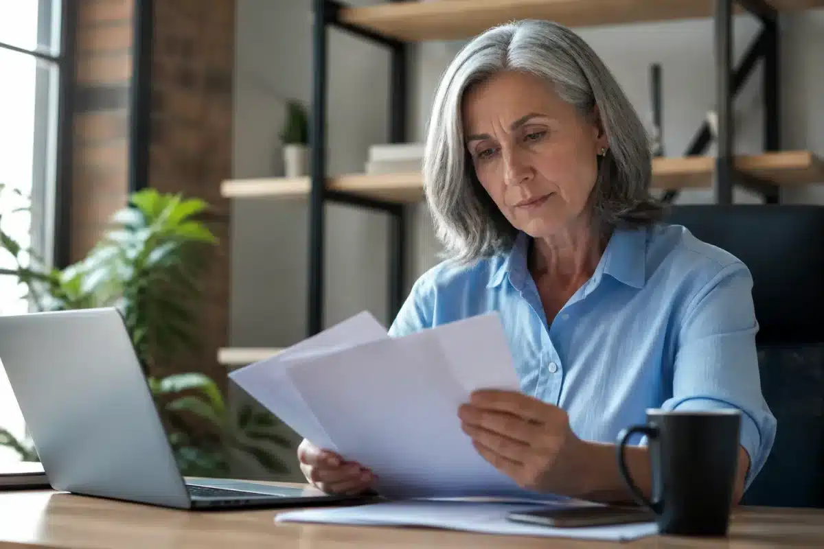 Femme regardant documents retraite progressive à bureau