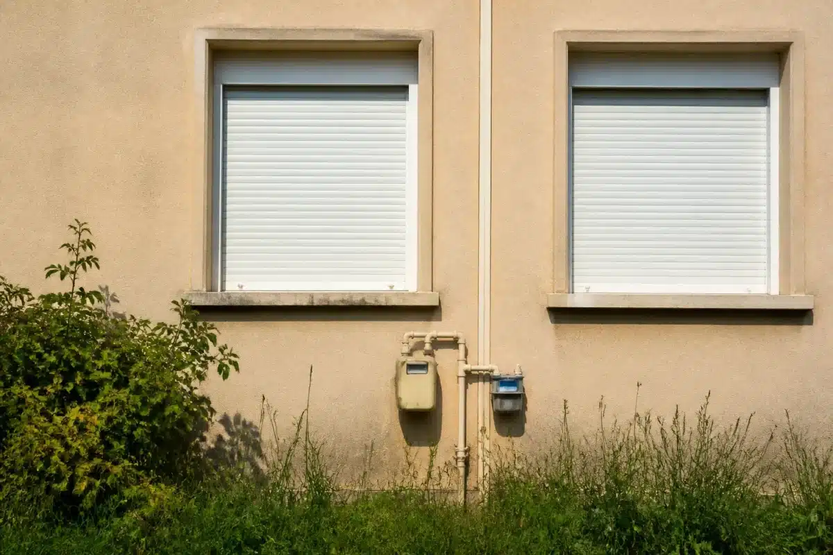 Maison vide avec fenêtres fermées et compteurs gaz eau