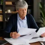 Personne agee feuilletant documents fiscaux a son bureau