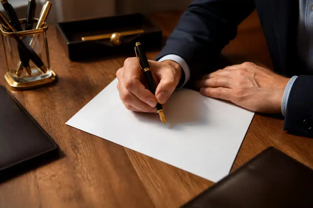 Document manuscrit signé à main levée sur bureau