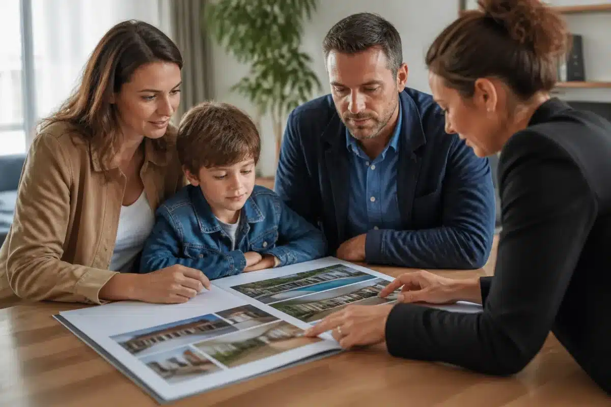 Famille examinant documents immobiliers autour table bois