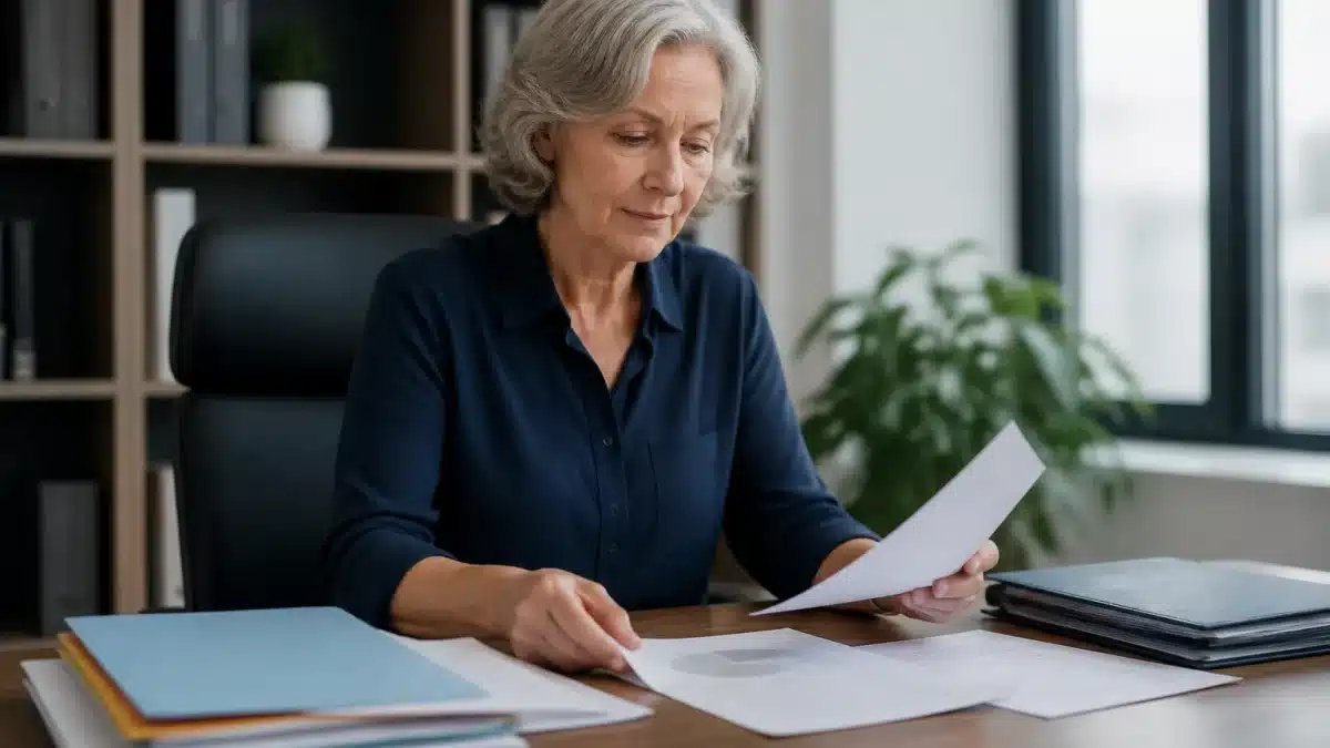 Personne assise a un bureau avec documents de retraite et contrat emploi