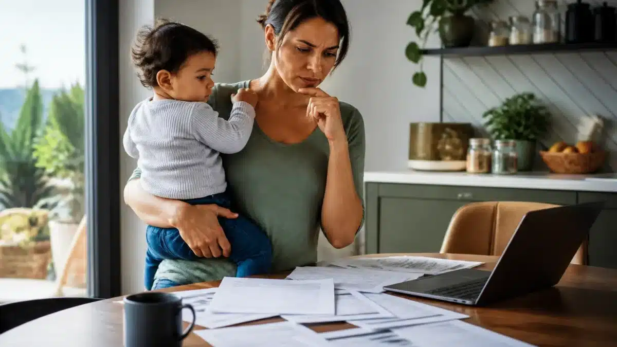 Femme tenant enfant sur ses hanches, documents retraite étalés devant elle