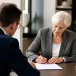 Personne agee signant contrat immobilier avec agent assis face a face