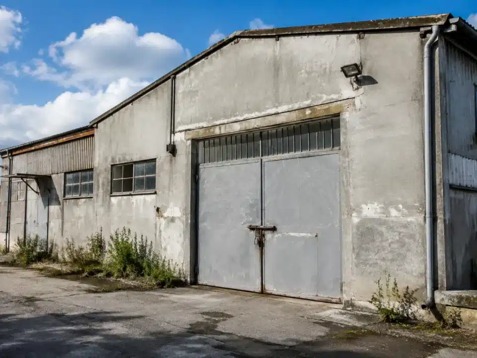 Batiment industriel d'abattoir fermé avec portes cadenassées et murs gris délabres
