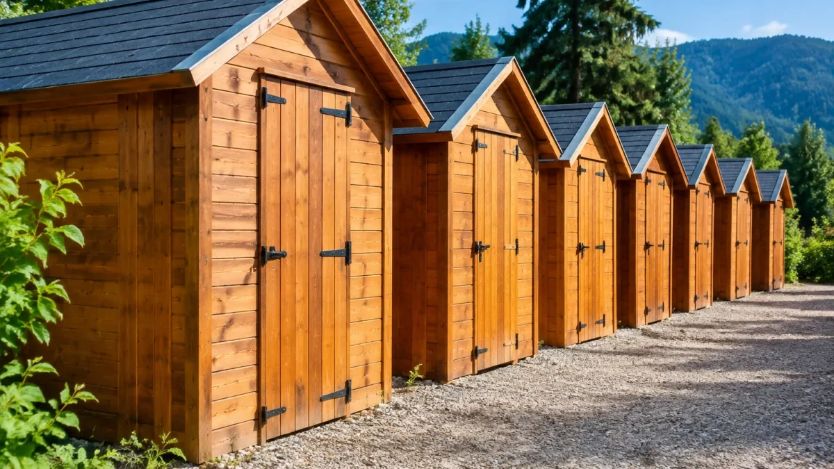 Petits abris bois alignes en rangee serree dehors