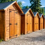 Petits abris bois alignes en rangee serree dehors
