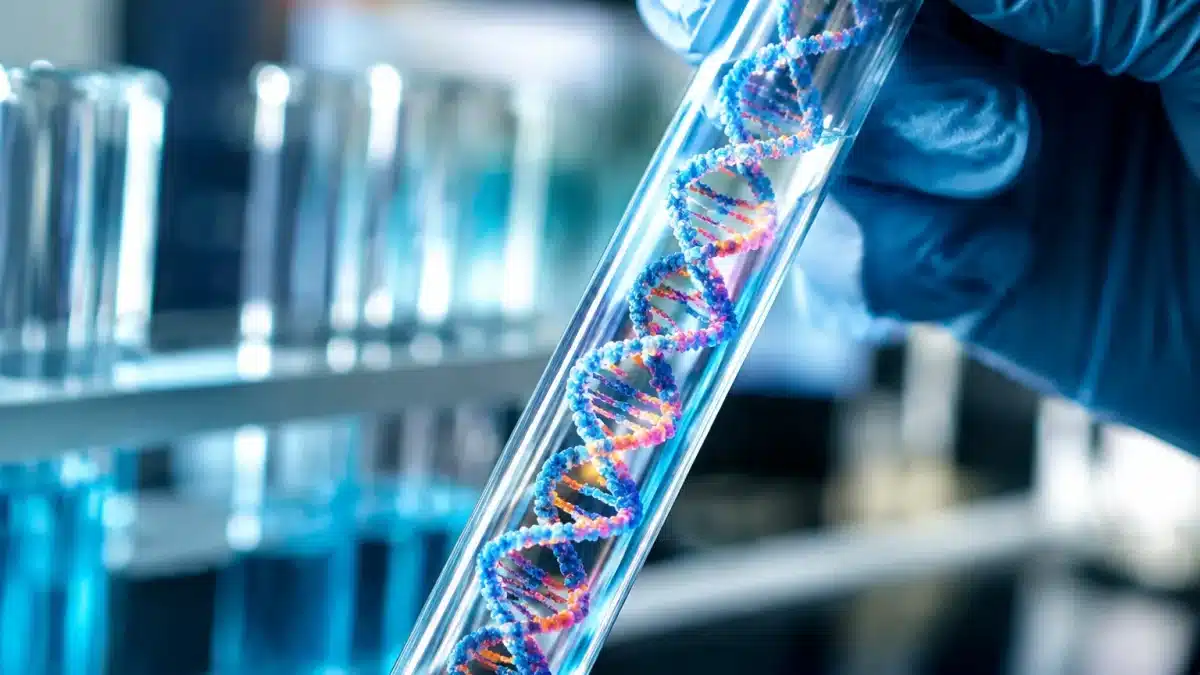 Molecules d'ADN alignees dans un tube laboratoire transparent