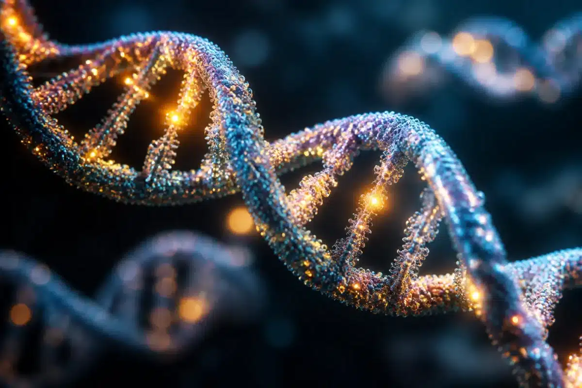 Molécule d'ADN brillante contenant des données numériques stockées