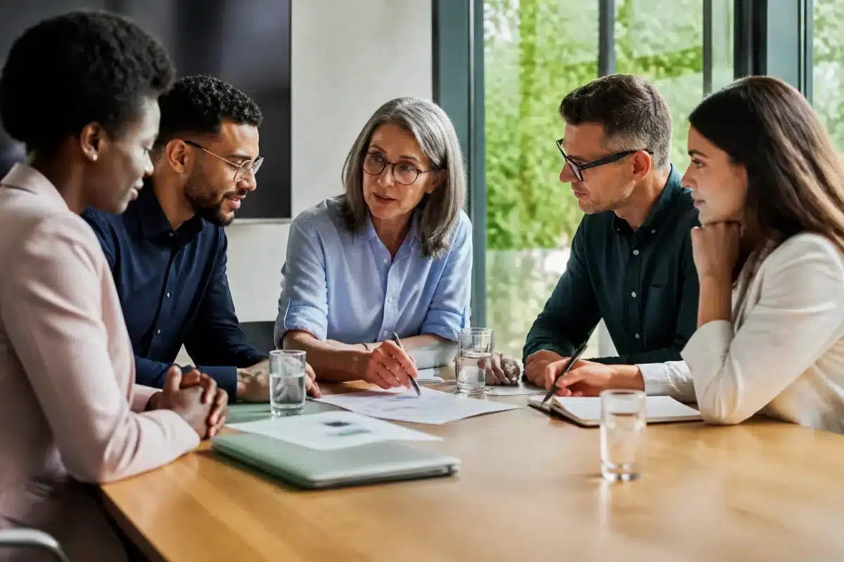 Agents publics diversifiés collaborant autour table réunion inclusive