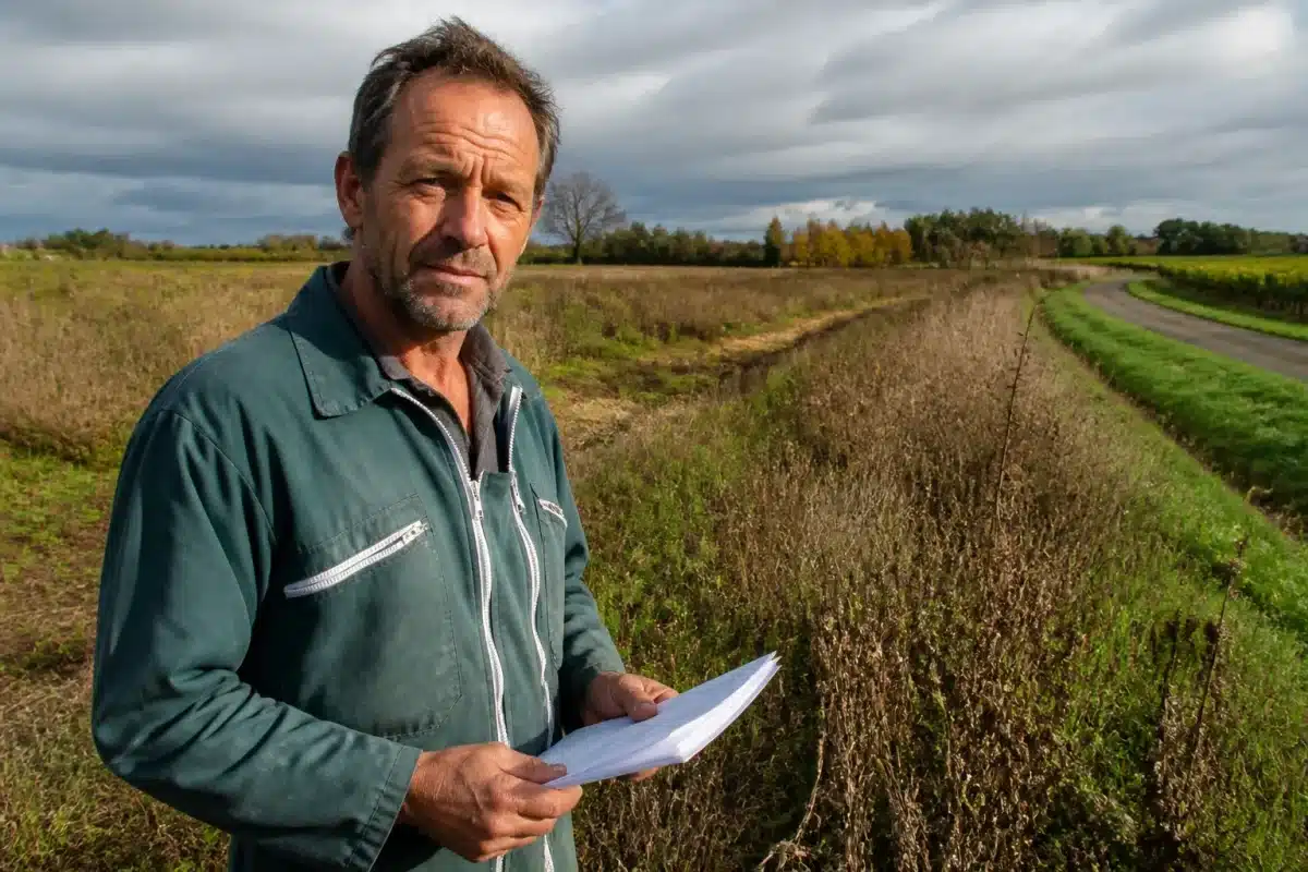 Agriculteur tenant documents aide devant champs abandonnés
