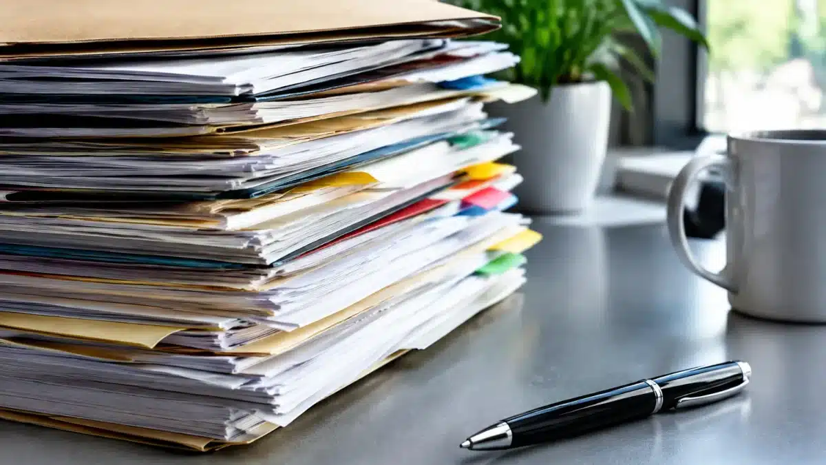 Pile de documents administratifs empilés sur bureau gris avec stylo