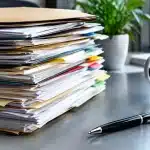 Pile de documents administratifs empilés sur bureau gris avec stylo