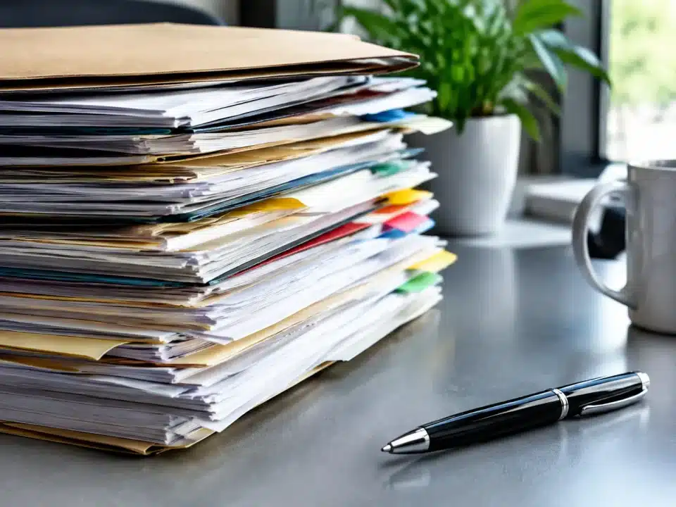 Pile de documents administratifs empilés sur bureau gris avec stylo