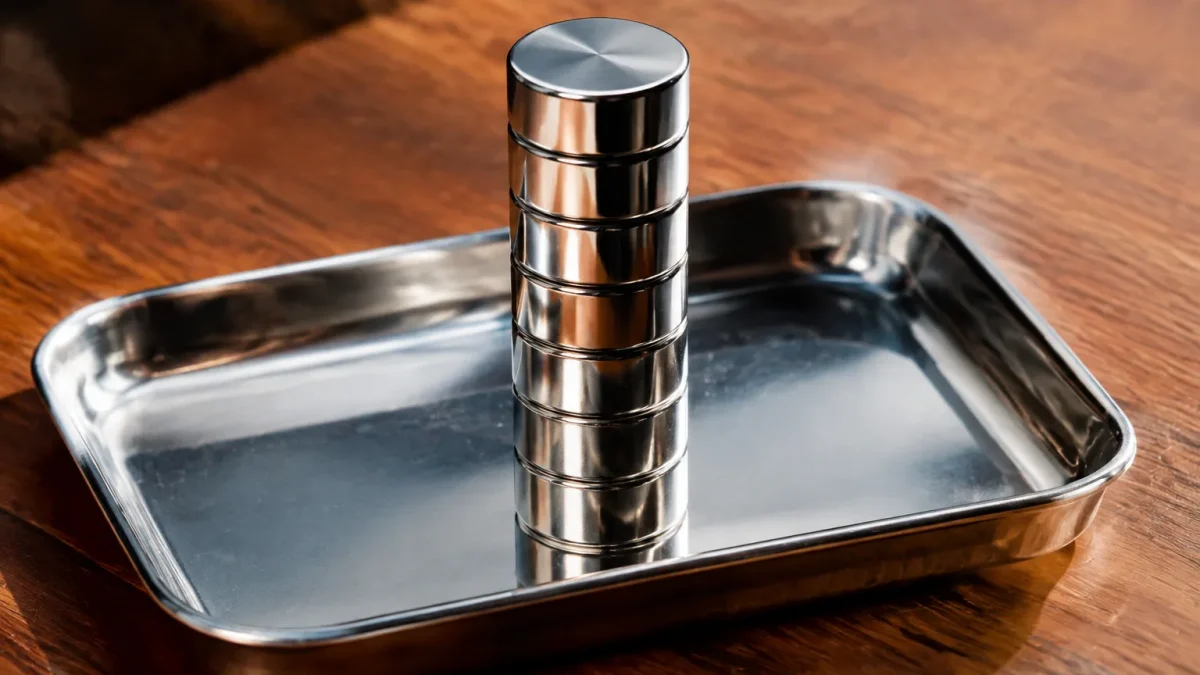 Aimants cylindriques empiles verticalement sur plateau metallique