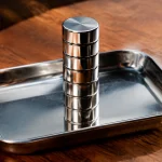 Aimants cylindriques empiles verticalement sur plateau metallique
