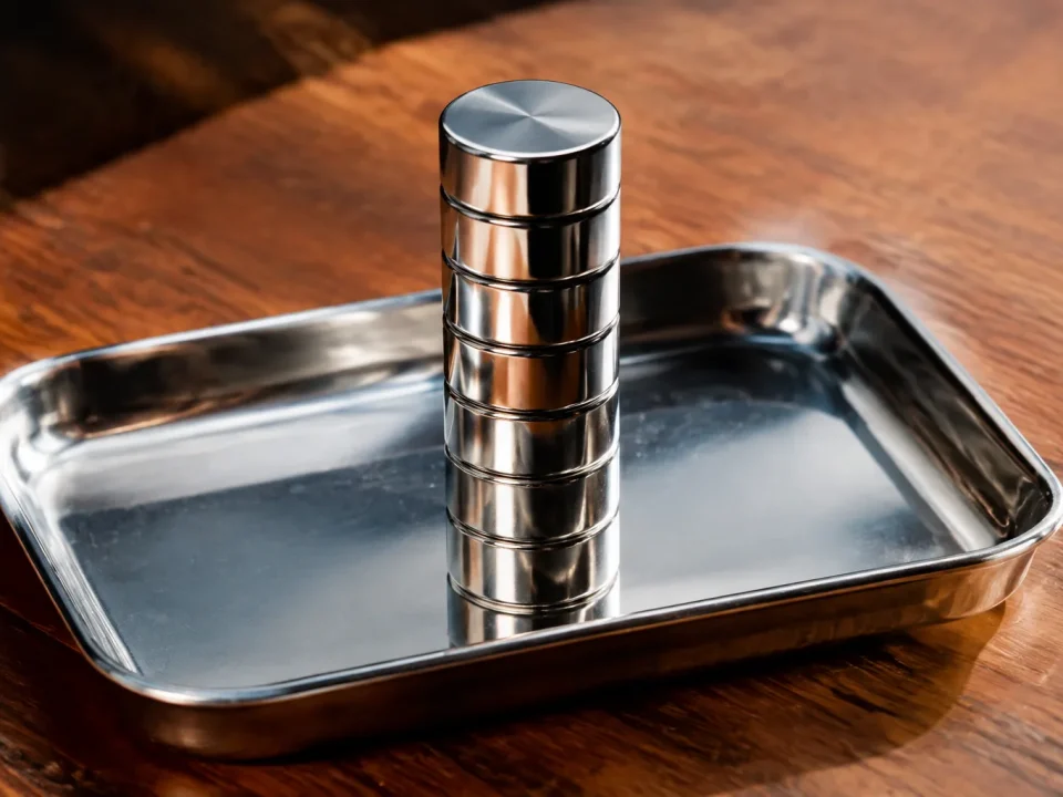 Aimants cylindriques empiles verticalement sur plateau metallique