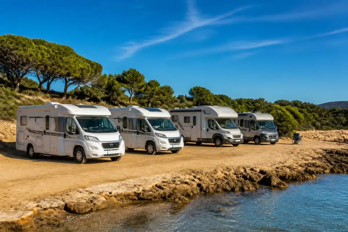 Aire côtière espagnole avec camping-cars stationnés près plage