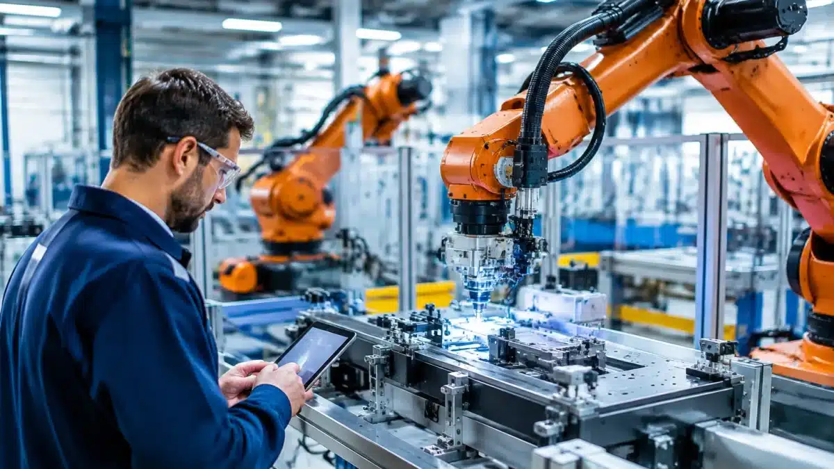 Usine moderne avec equipements technologiques et robots travaillant ensemble