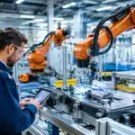 Usine moderne avec equipements technologiques et robots travaillant ensemble