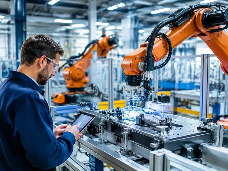 Usine moderne avec equipements technologiques et robots travaillant ensemble