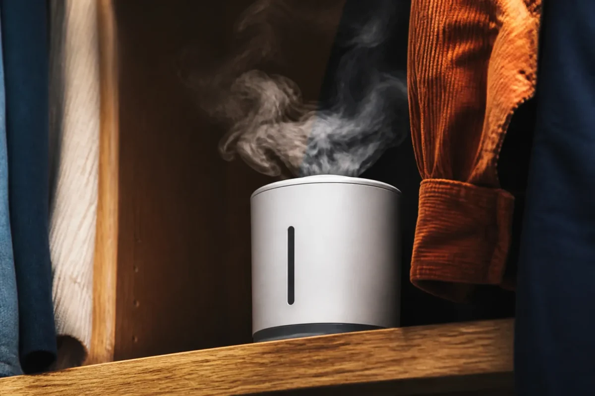 Vapeur echappant du petit reservoir eau dans armoire vetements