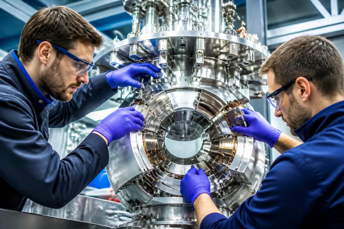 Techniciens assemblant composants magnetiques et isolants cryogeniques