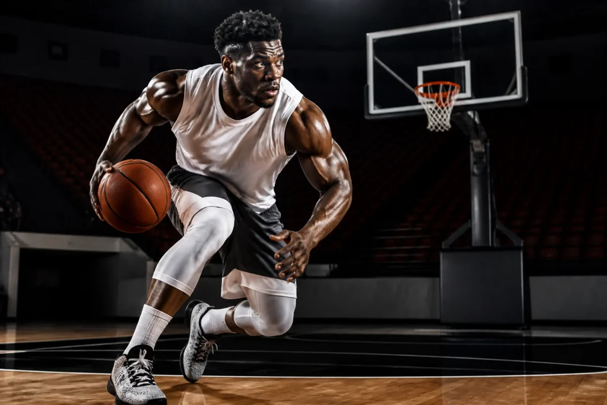 Athlete imposant dribble ballon pres du panier