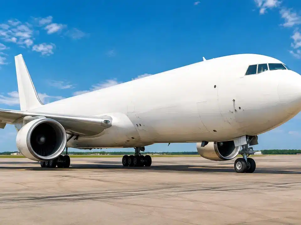 Fuselage blanc massif d'avion cargo reposant sur piste d'aeroport
