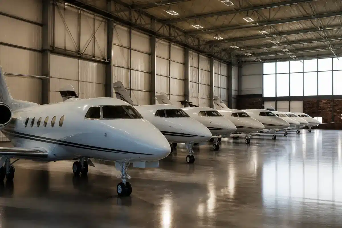Avions terminés alignés dans hangar spacieux attente