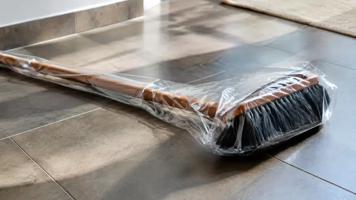 Balai enveloppé d'un sac plastique transparent, posé horizontalement sur sol.