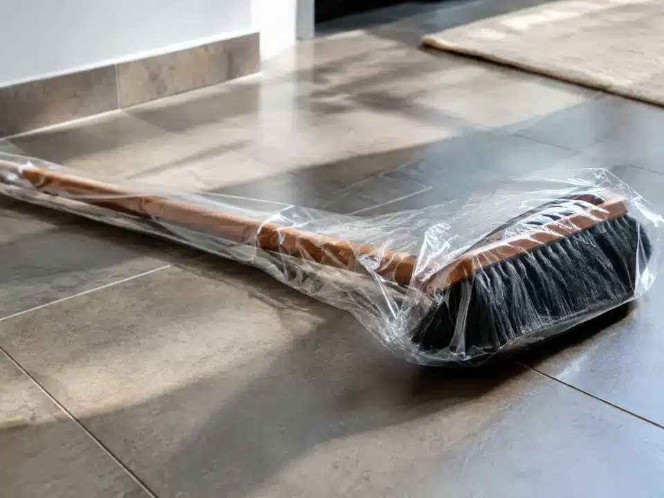 Balai enveloppé d'un sac plastique transparent, posé horizontalement sur sol.