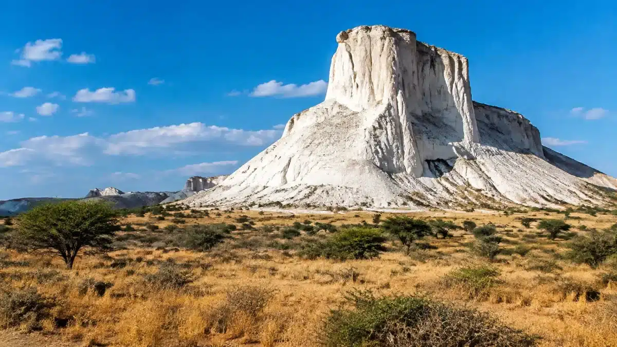 Imposante structure blanche dominant paysage de savane africaine aride