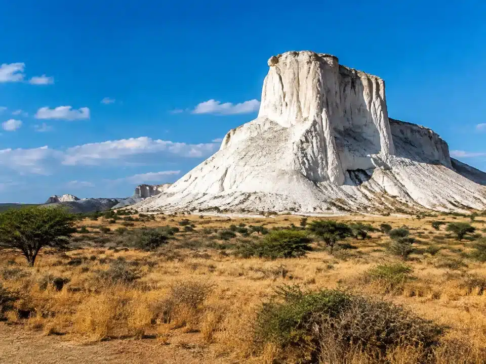 Imposante structure blanche dominant paysage de savane africaine aride