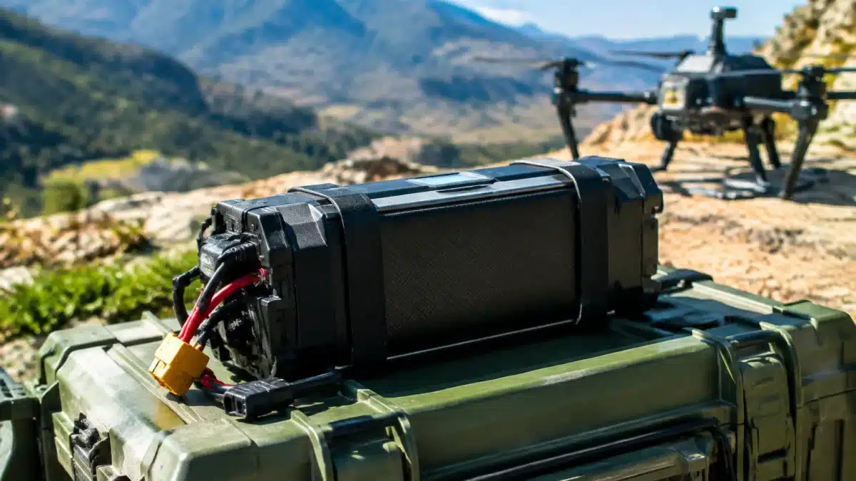 Batterie de drone allégée posée sur support technique militaire