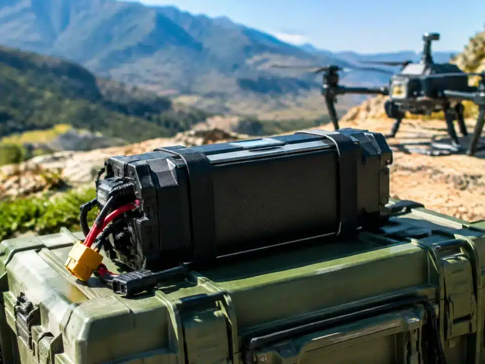 Batterie de drone allégée posée sur support technique militaire