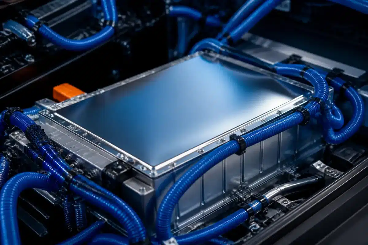 Batterie lithium brillante entouree de cables electriques bleus