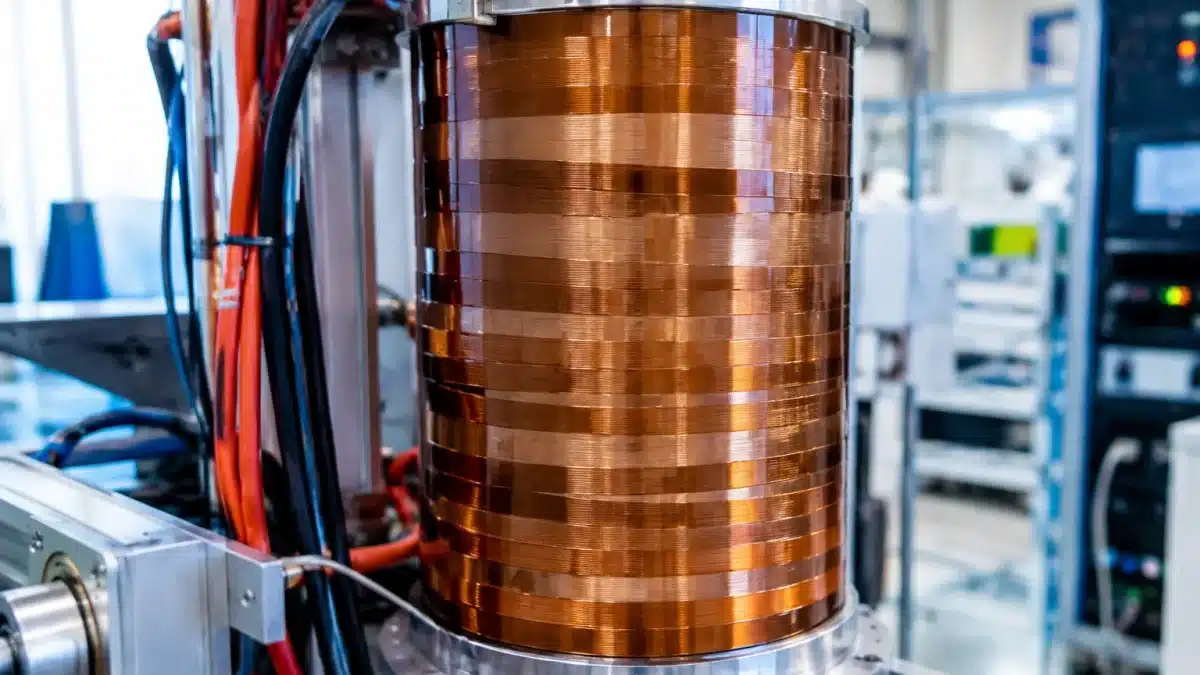 Bobine de ruban supraconducteur haute temperature enroule verticalement en laboratoire