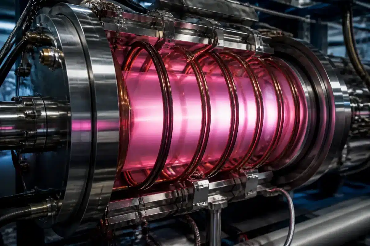 Bobine supraconductrice brillante entourant plasma ionise luminescent
