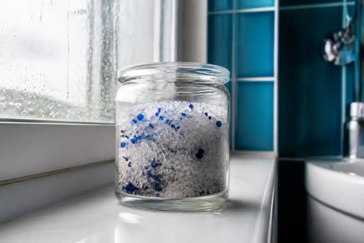 Bocal transparent contenant mélange desséchant près fenetre salle bain