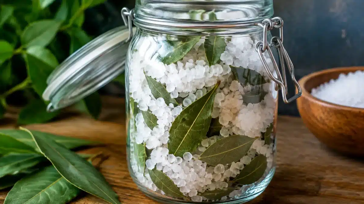 Bocal en verre rempli de gros sel blanc et feuilles de laurier vert