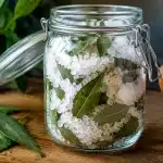 Bocal en verre rempli de gros sel blanc et feuilles de laurier vert