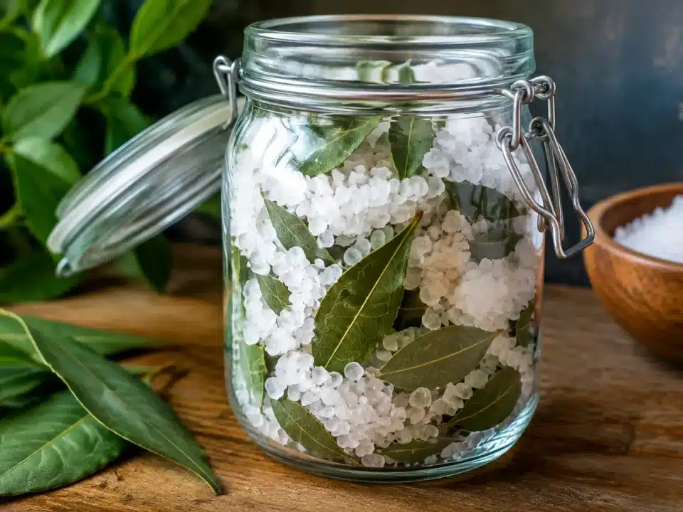 Bocal en verre rempli de gros sel blanc et feuilles de laurier vert