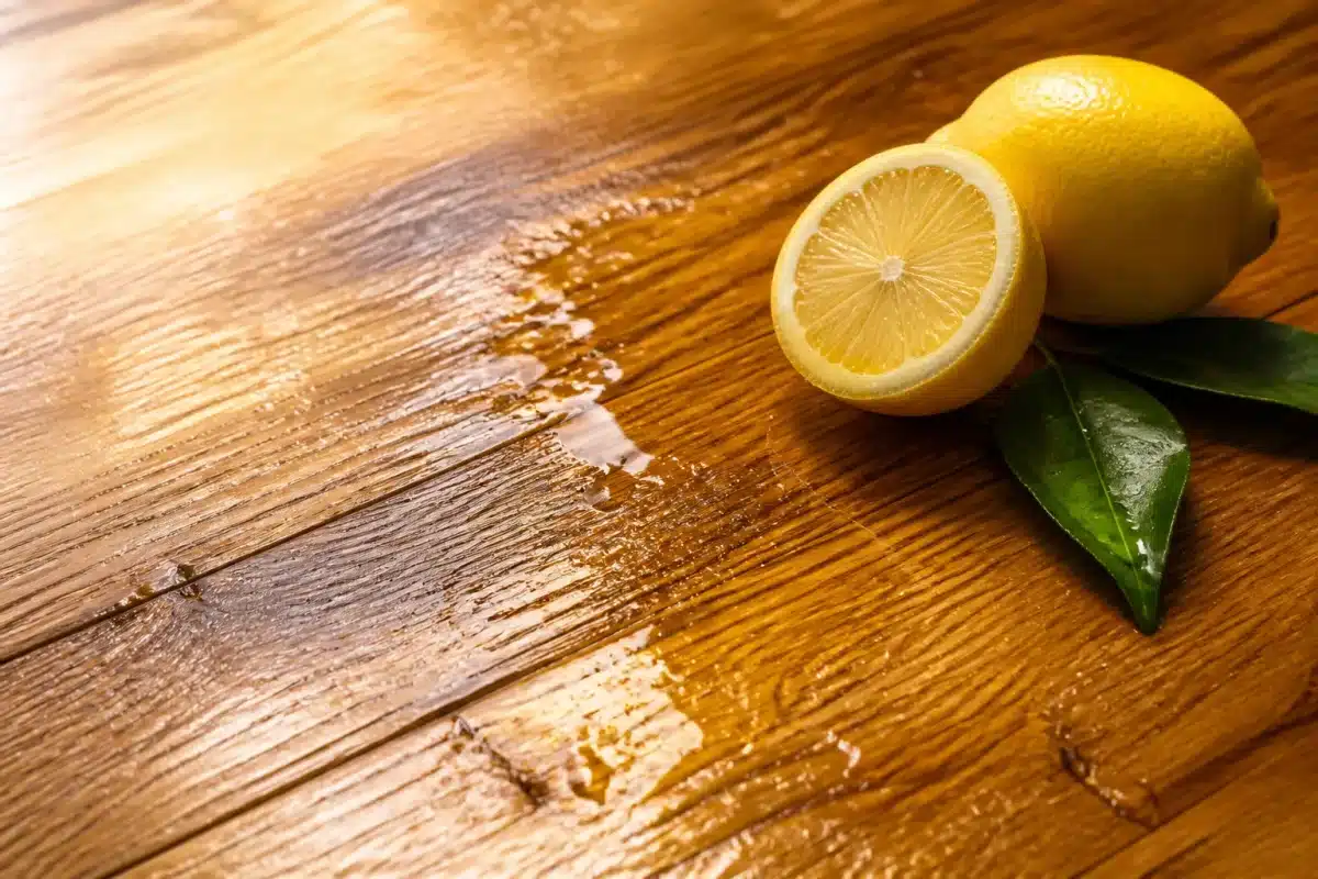 Bois brillant traité avec huile dorée et citron frais