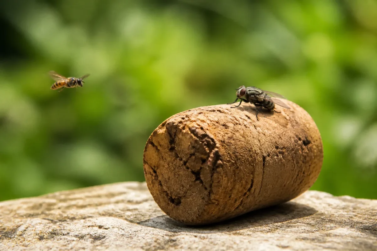 Bouchon liege marron avec mouche et insecte volant