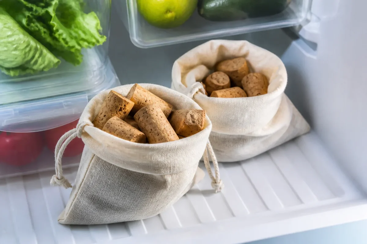 Bouchons liege secs sachets tissu frigo