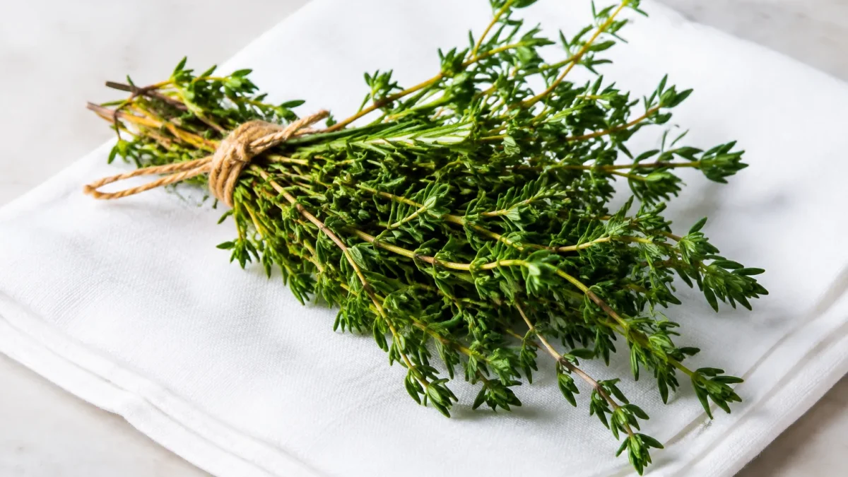 Brins verts arranges sur coton blanc plie