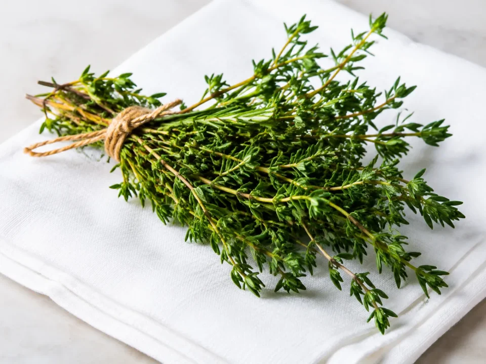 Brins verts arranges sur coton blanc plie
