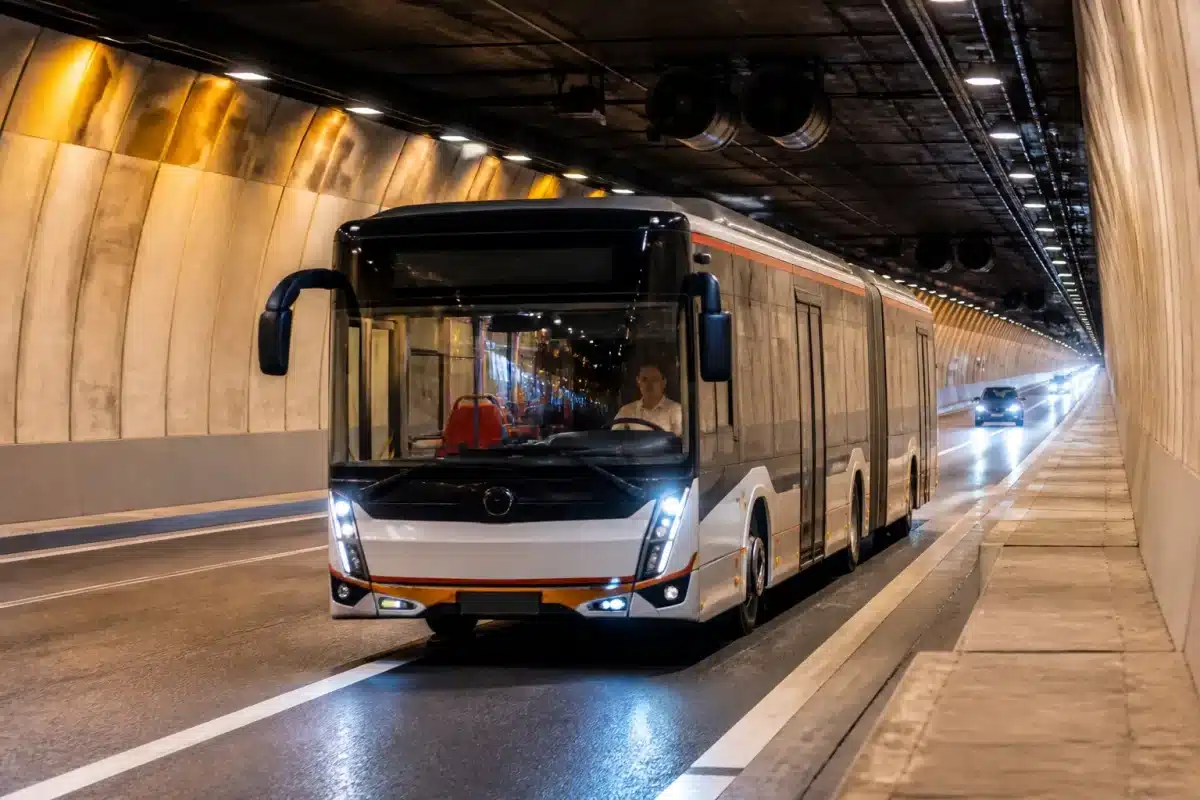 Bus moderne circulant dans tunnel souterrain éclairé