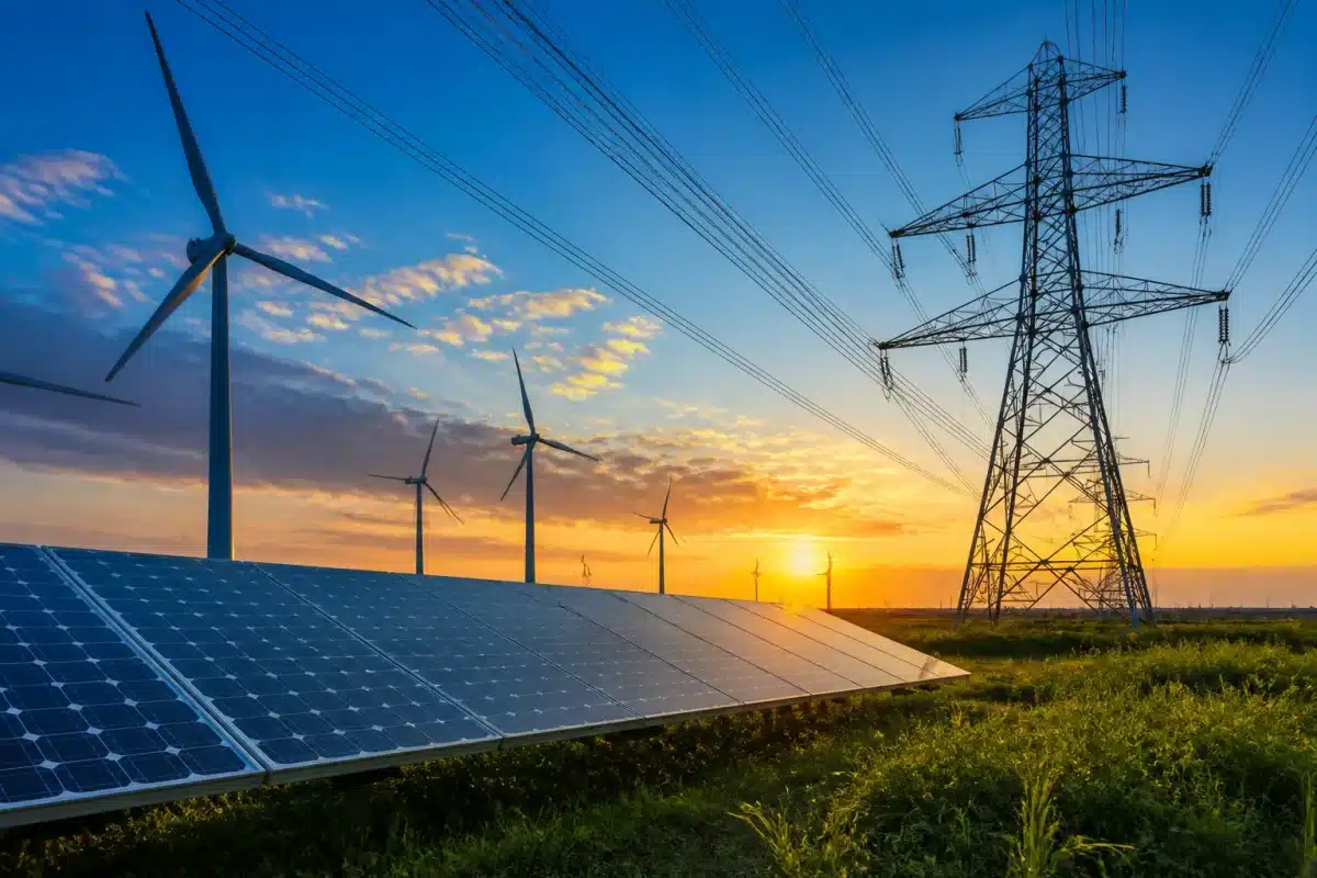 Cables haute tension transportant electricite vers panneaux solaires eoliens